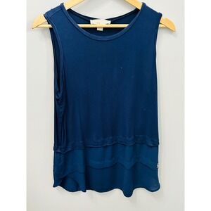 Michael Kors Mixed Media Layered Tank Top Navy Blue Chiffon Knit Sleeveless Sz L
